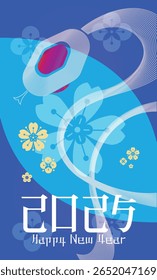 Vector design for 2025 Lunar New Year featuring a golden zodiac snake on an ocean blue background with floral elements. A modern, fresh take on traditional Tet greetings and symbolism.
