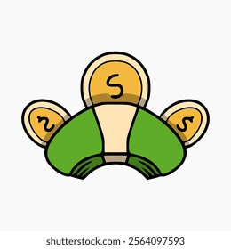vector design of 3 gold coins and a stack of banknotes front view. cartoon symbol design