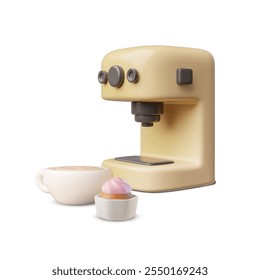 Vector design of a 3D coffee machine with a fresh cup of coffee and dessert on a white background. An indispensable kitchen appliance and snack for coffee lovers.