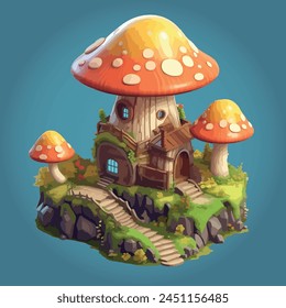 Vector design of a 3D isometric mushroom house.