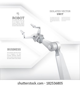 vector design. 3d design of a robot  realistic robot arm with an abstract minimal geometric white background composition with artistic text box and sections for infographics, web or printed brochure