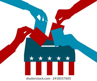 Vector design with 4 hands voting in the ballot box for the USA United States of America 2024 presidential election