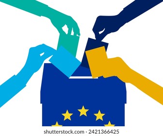 Vector design with 4 hands voting in the ballot box for the EU 2024 European elections.