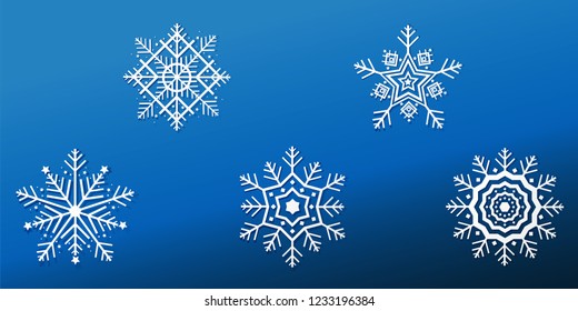 Vector design 5 styles of Snowflakes on a blue background