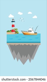 Vector design about boat trip or vacation, go fishing and enjoy the sunset