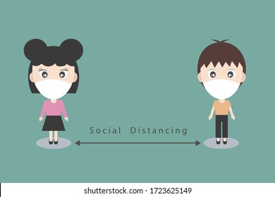 Diseño vectorial de unas 2 personas con mascarilla facial y distanciamiento social para proteger el virus. 