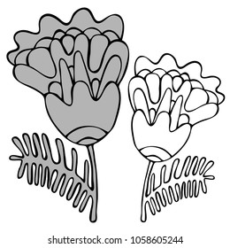 Vector design with abstract flowers. 
In black and white style.
Can be used for printing on paper, stickers, badges, bijouterie.