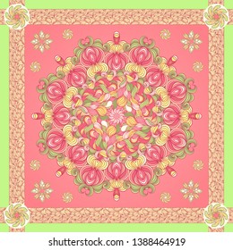 Vector design with abstract hand drawn pattern with decorative element. Template design for card or shawl. Detailed floral scarf design. Design for square pocket, shawl, textile.