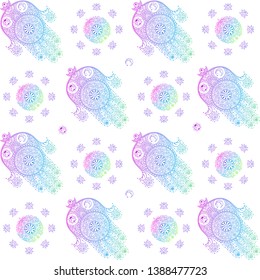 Vector design with abstract hand drawn floral pattern. Seamless background with the hand of the Goddess. The hamsa. The hand of Fatima. The hand of Miriam. Pattern for your design.