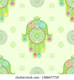 Vector design with abstract hand drawn floral pattern. Seamless background with the hand of the Goddess. The hamsa. The hand of Fatima. The hand of Miriam. Pattern for your design.