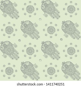 Vector design with abstract hand drawn floral pattern. Seamless background with the hand of the Goddess. The hamsa. The hand of Fatima. The hand of Miriam. Pattern for your design.