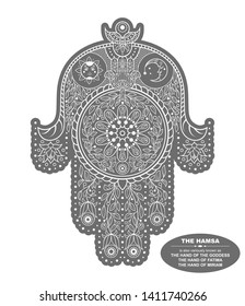 Vector design with abstract hand drawn floral pattern. Template design for greeting card. The hand of the Goddess. The hamsa. The hand of Fatima. The hand of Miriam. Pattern for your design.