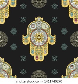 Vector design with abstract hand drawn floral pattern. Seamless background with the hand of the Goddess. The hamsa. The hand of Fatima. The hand of Miriam. Pattern for your design.