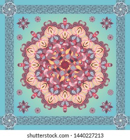 Vector design with abstract hand drawn pattern with decorative element. Template design for card or shawl. Detailed floral scarf design. Design for square pocket, shawl, textile.
