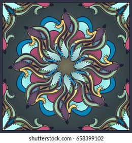 Vector design with abstract hand drawn pattern with decorative element. Template design for card or shawl. Detailed floral scarf design. Design for square pocket, shawl, textile.