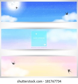 Vector design for abstract horizontal banner. Handmade watercolor. White cloud, sky and swallows. Realistic shadow. Place for your text