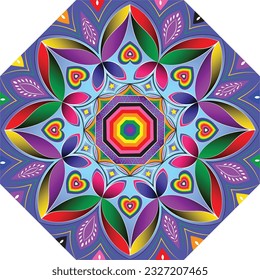 Vector Design Abstract Octagon Graphic Mandala Reflection Geometric Pattern in LGBT Rainbow Butterfly Concept Colors i.e. Purple, Blue, Green, Yellow, Orange, Red, Pink, Black, White
