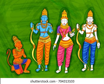 Vector design of Abstract Statue painting of Indian God Rama, Laxmana, Sita and Hanuman  sculpture