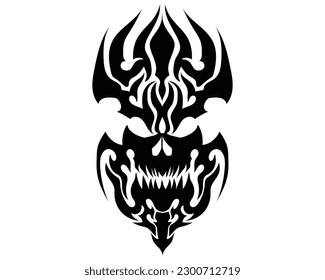 vector design of an abstract tattoo or symbol in black in the shape of a skull head with two eyes and sharp teeth in the center with a carved circle with sharp angles