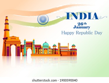 Vector design of abstract tricolor Indian flag background with famous historical monument for 26 January Happy Republic Day of India