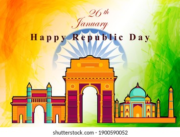 Vector design of abstract tricolor Indian flag background with famous historical monument for 26 January Happy Republic Day of India