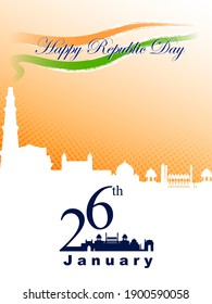 Vector design of abstract tricolor Indian flag background with famous historical monument for 26 January Happy Republic Day of India