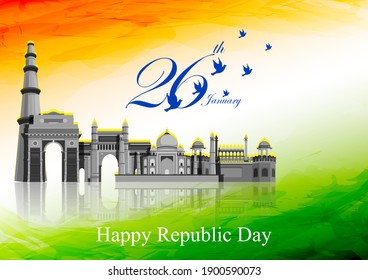 Vector design of abstract tricolor Indian flag background with famous historical monument for 26 January Happy Republic Day of India