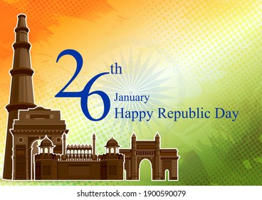 Vector design of abstract tricolor Indian flag background with famous historical monument for 26 January Happy Republic Day of India