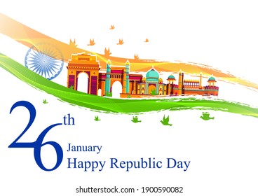 Vector design of abstract tricolor Indian flag background with famous historical monument for 26 January Happy Republic Day of India