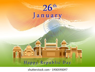 Vector design of abstract tricolor Indian flag background with famous historical monument for 26 January Happy Republic Day of India