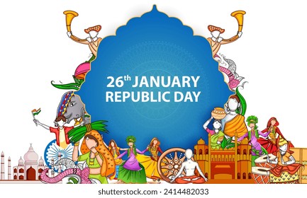 Vector design of abstract tricolor Indian flag background with famous historical monument for 26 January Happy Republic Day of India