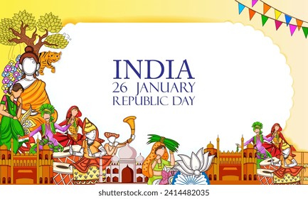 Vector design of abstract tricolor Indian flag background with famous historical monument for 26 January Happy Republic Day of India