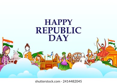 Diseño vectorial de fondo abstracto tricolor de bandera india con famoso monumento histórico para el 26 de enero Feliz Día de la República de India
