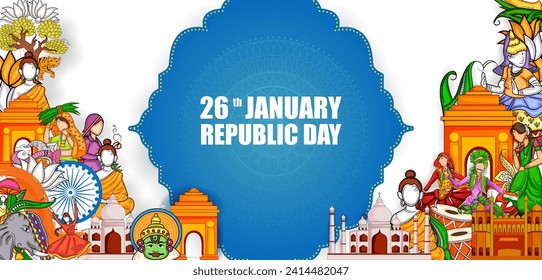 Vector design of abstract tricolor Indian flag background with famous historical monument for 26 January Happy Republic Day of India