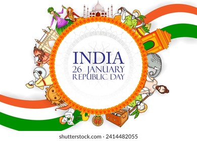 Vector design of abstract tricolor Indian flag background with famous historical monument for 26 January Happy Republic Day of India