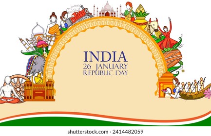 Vector design of abstract tricolor Indian flag background with famous historical monument for 26 January Happy Republic Day of India