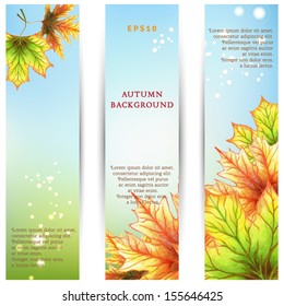 Vector design for abstract vertical banner. Autumn maple leaves. Hand-drawing watercolor colored pencils. Blue-green background with sparks. Place for your text