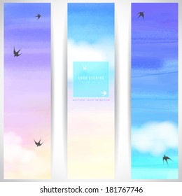 Vector design for abstract vertical banner. Handmade watercolor. White cloud, sky and swallows. Realistic shadow. Place for your text