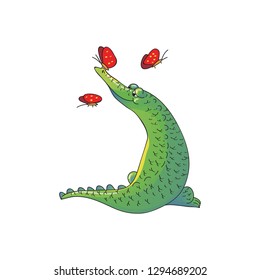 Vector design of adorable green crocodile and butterflies. Wild animal. Funny cartoon character