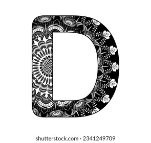 Vector design for adults. Contour black and white Capital English Letter D alphabet background  with ornamental mandala design, 