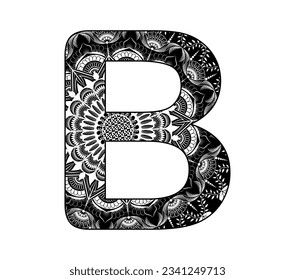 Diseño de vectores para adultos. Contorno negro y blanco Capital Inglés Letra B fondo alfabético con diseño ornamental de mandala, 
