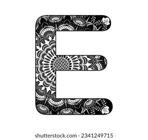 Vector design for adults. Contour black and white Capital English Letter E alphabet background  with ornamental mandala design, 