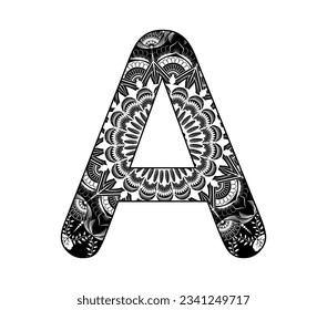 Diseño de vectores para adultos. Contorno Capital blanco y negro Letra inglesa A fondo alfabético con diseño ornamental de mandala, 