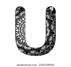 Vector design for adults. Contour black and white Capital English Letter U alphabet background  with ornamental mandala design.