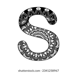 Vector design for adults. Contour black and white Capital English Letter S alphabet background  with ornamental mandala design.