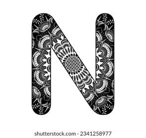Vector design for adults. Contour black and white Capital English Letter N alphabet background  with ornamental mandala design.