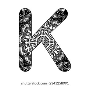 Vektordesign für Erwachsene. Contour schwarz-weiß Hauptstadt Englisch Letter K-Hintergrund mit Ziermandala-Design.