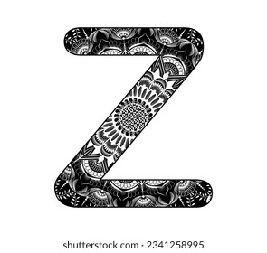 Vector design for adults. Contour black and white Capital English Letter Z alphabet background  with ornamental mandala design.