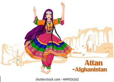 Vector design of Afghani woman performing Attan dance of Afghanistan