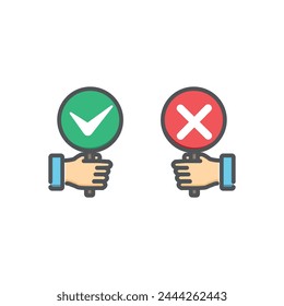 vector design of agree disagree symbol of hands holding a board in green and red colors.